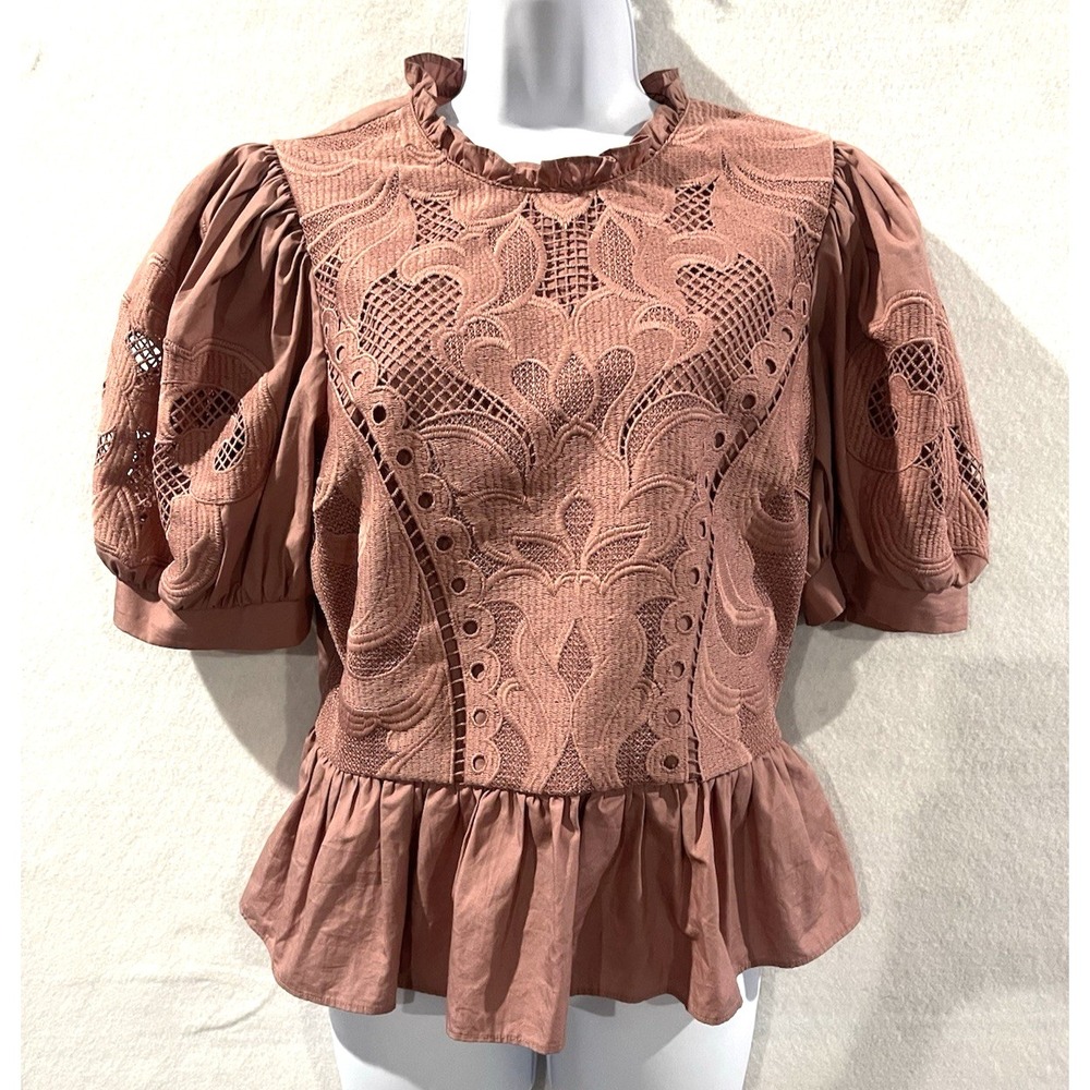 Coquette Cottagecore Lace Mauve Peplum Blouse Puff Sleeves Romantic Chic Large